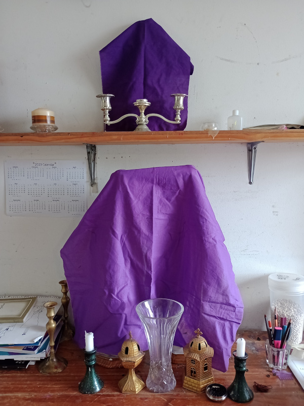 Our statues and crucifix covered with purple cloth